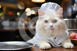 cute big cat as chef with white cap and costume in the kitchen of restaurant