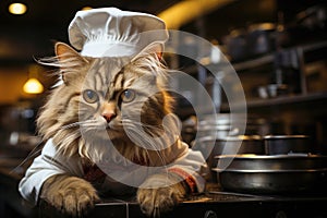 cute big cat as chef with white cap and costume in the kitchen of restaurant