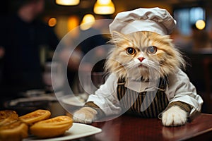 cute big cat as chef with white cap and costume in the kitchen of restaurant