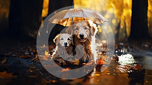 Cute big dog and puppy lying under an umbrella in the rain.