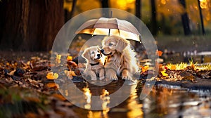 Cute big dog and puppy lying under an umbrella in the rain.