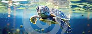 Cute big sea turtle in the coral reef on blue background. Ocean animal, underwater life
