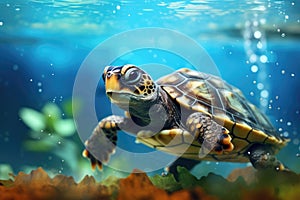 Cute big sea turtle in the coral reef on blue background. Ocean animal, underwater life