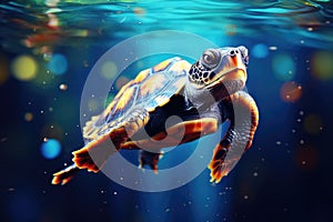 Cute big sea turtle in the coral reef on blue background. Ocean animal, underwater life