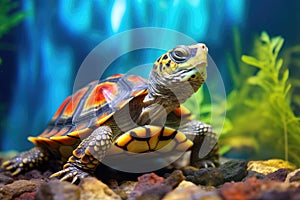 Cute big sea turtle in the coral reef on blue background. Ocean animal, underwater life