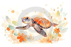 Cute big sea turtle in the coral reef isolated on white background. Ocean animal, underwater life