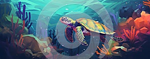 Cute big turtle in the coral reef under the sea. Ocean animal, underwater life. World turtle day