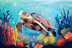 Cute big turtle in the coral reef under the sea. Ocean animal, underwater life. World turtle day