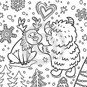 Cute Bigfoot or Yeti with deer in the forest. Contour illustration