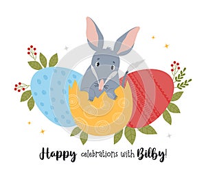 Cute bilby with Easter eggs. Australian animal is wild mammal. Easter greeting card. Vector illustration in flat cartoon