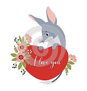 Cute bilby with heart and flowers. Australian animal. Valentine greeting card I love you. Vector illustration in flat