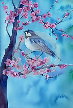cute bird in a cherry blosssom\'s tree branch illustration