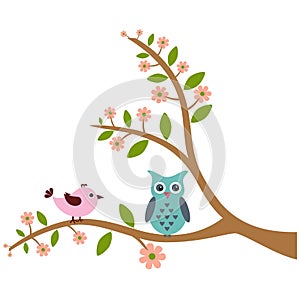 Cute bird and owl with tree pattern