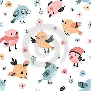 Cute bird pattern, childish seamless background