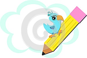 Cute Bird on a Pencil with Cloud Background