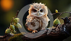 Cute bird perching on branch, looking at camera, nature beauty generated by AI