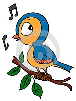 Cute bird singing a song and white background