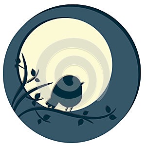 Cute Bird sitting on tree branch. Night scene with moon. Vector banner in paper cut, paper carve, paper craft style