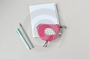 Cute bird zipper pouch, grey pencil, pen and spiral notepad