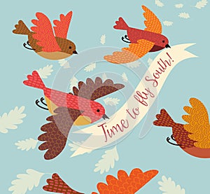 Cute birds flying south for the winter. Vector Illustration for autumn and winter travel