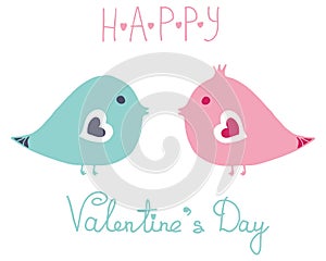 Cute birds in love in blue and pink colors. With `Happy Valentines Day` sign.Stylish card for Valentine day. Vector illustration.