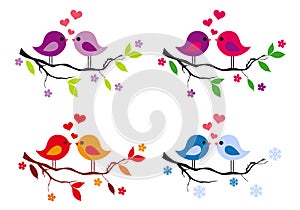 Cute birds with red hearts on tree, vector set