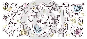 Cute birds singing, sitting, tweeting and flying doodle outline drawing prints vector illustration