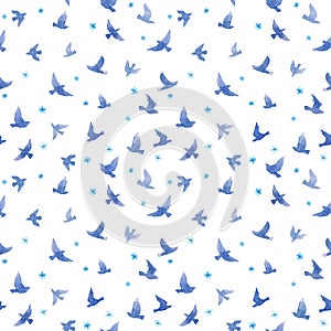 Cute birds, small flowers. Seamless pattern. Watercolor