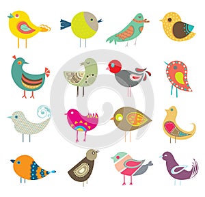 Collection of retro cute decorative colorful birds.Intricate vector illustration design set.Cartoon