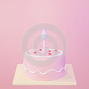 Cute birthday cake 3d rendering pink with a candle, Sweet cake for a surprise birthday, Valentine\'s Day on a pink background