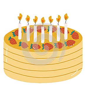 Cute birthday cake with burning candles. Dessert for celebration, anniversary, wedding. Stylized vector illustration of