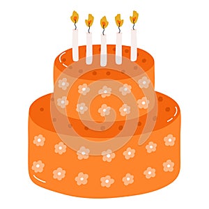 Cute birthday cake with burning candles. Dessert for celebration, anniversary, wedding. Stylized vector illustration of