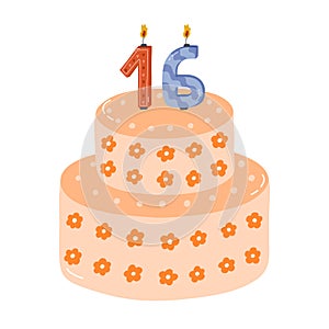 Cute birthday cake with burning candles in the form of numbers. Dessert for celebration each year of birth, anniversary