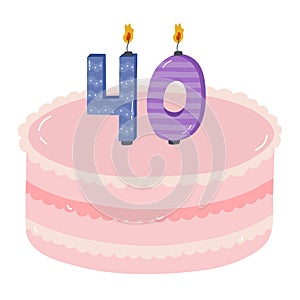 Cute birthday cake with burning candles in the form of numbers. Dessert for celebration each year of birth, anniversary