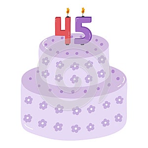 Cute birthday cake with burning candles in the form of numbers. Dessert for celebration each year of birth, anniversary