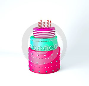 Cute birthday cake with three layers on a white background