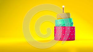 Cute birthday cake with three layers on a yellow background