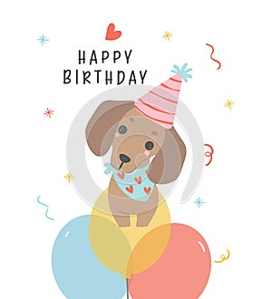 Cute Birthday card with Dachshund Dog party on balloons. Kawaii greeting card cartoon hand drawing flat design graphic