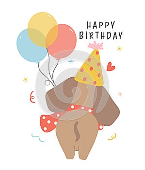 Cute Birthday card with Dachshund Dog Wearing Party Hat with balloons.  Kawaii greeting card cartoon hand drawing flat design