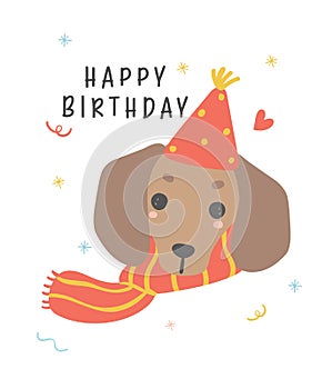 Cute Birthday card with Dachshund Dog Wearing Party Hat.  Kawaii greeting card cartoon hand drawing flat design graphic