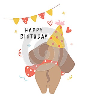 Cute Birthday card with Dachshund Dog Wearing Party Hat.  Kawaii greeting card cartoon hand drawing flat design graphic