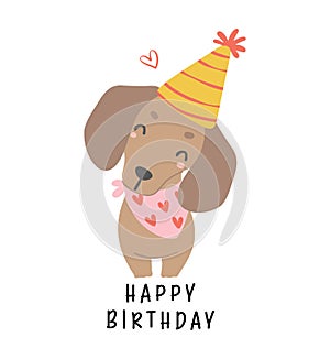 Cute Birthday card with Dachshund sausage Dog with party hat. Kawaii greeting card cartoon hand drawing flat design graphic