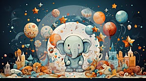 Cute birthday card with elephant and colourful balloons. Childrens birthday party. Watercolor illustration. Generative AI