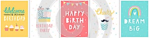 Cute Birthday cards with Letterings for your design - Happy Birthday, Stay wild and others. Hand drawn prints