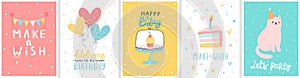 Cute Birthday cards with Letterings for your design - Happy Birthday, Make a wish and others. Hand drawn prints photo