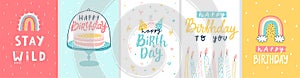 Cute Birthday cards with Letterings for your design - Happy Birthday, Stay wild and others. Hand drawn prints photo