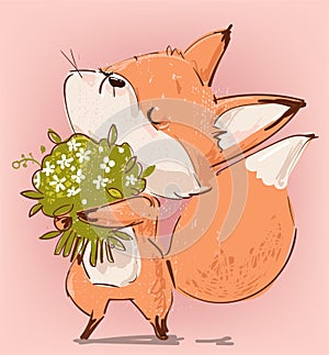 Cute Birthday cartoon fox with floral wreath