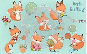 Cute Birthday cartoon fox set with elements