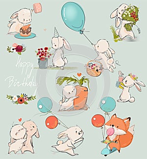 Cute Birthday cartoon hares set with elements
