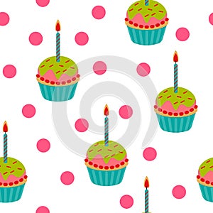 Cute birthday cupcake seamless pattern. vector illustration